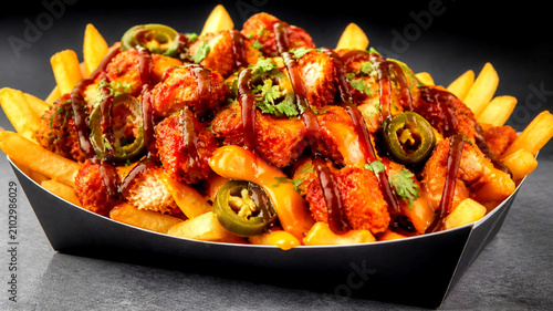Golden French Fries with Grilled Chicken, Jalapenos and Fresh Herbs Served as a Delicious Appetizer