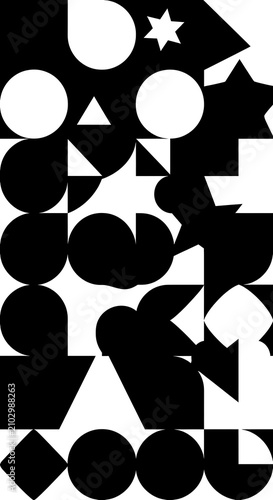 Abstract Black Geometric Shapes Arranged in Vertical Composition on White Background