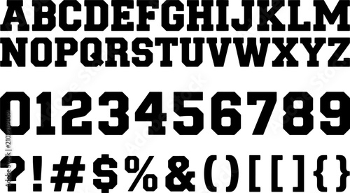 Collegiate slab serif alphabet and numbers for varsity sports team uniform set