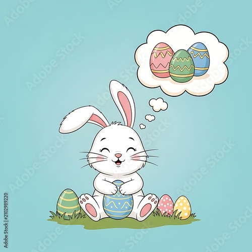 Cute White Easter Bunny Holding Decorated Egg on Pastel Blue Background