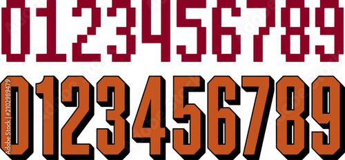 Pixel art numbers and vintage sports style typography numeric set for graphic design