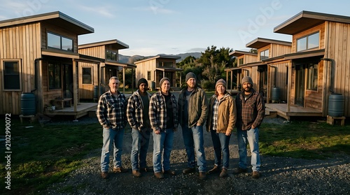 Diverse group of people standing in a tiny house community