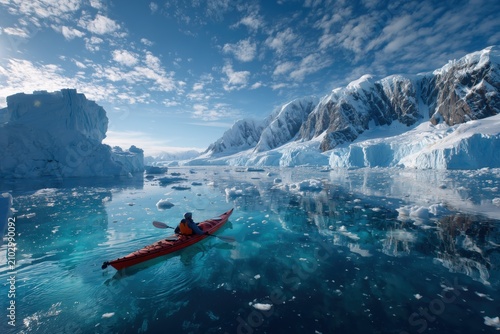 A red kayak in the ocean surrounded by icebergs in an Antarctic landscape.