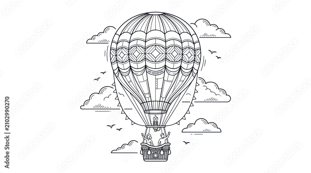 Fototapeta premium Ornate hot air balloon flying through clouds line art.