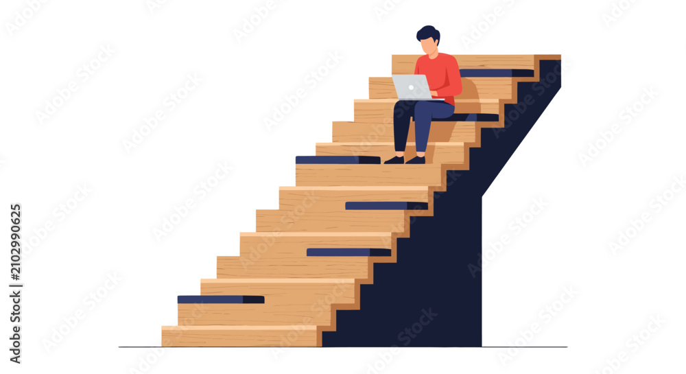 Fototapeta premium Man Sitting on Wooden Stairs Working on Laptop, Career Growth, Success, and Online Education Concept Flat Vector Illustration Isolated on White