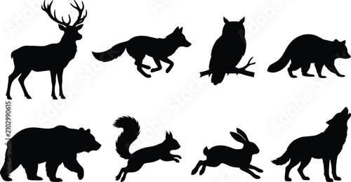 Fotografie Forest wild animals vector silhouettes set featuring deer stag running fox owl r