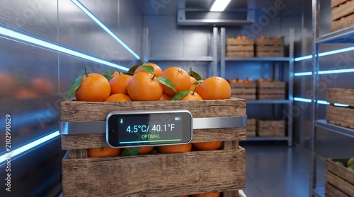 Fresh Mandarins in Wooden Crate with Smart Temperature Monitoring Sensor Inside Refrigerated Cold Storage Warehouse