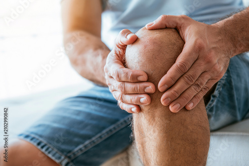 Close up of a person's hands clutching their right knee, indicating pain or injury.