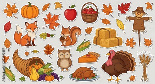 Colorful Thanksgiving Autumn Sticker Set Arranged on Light Background