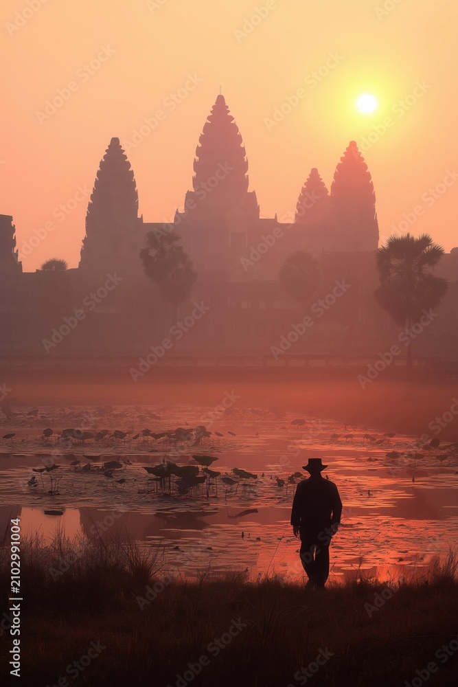 Fototapeta premium Traveler silhouetted against the misty sunrise over Angkor Wat's ancient spires, with lotus ponds in the foreground.