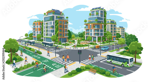 Eco-friendly city with sustainable buildings, green spaces, and active transport