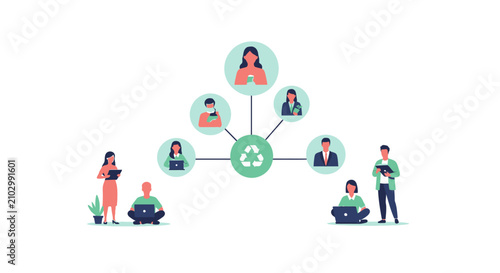 Diverse group of professionals collaborating through a centralized recycling and sustainability hub.