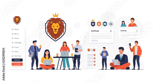 Diverse professional team collaborating in a modern digital office environment with lion branding.