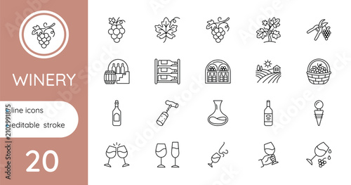 Winery, wine production, and wine storage icon set. Editable stroke, vector.