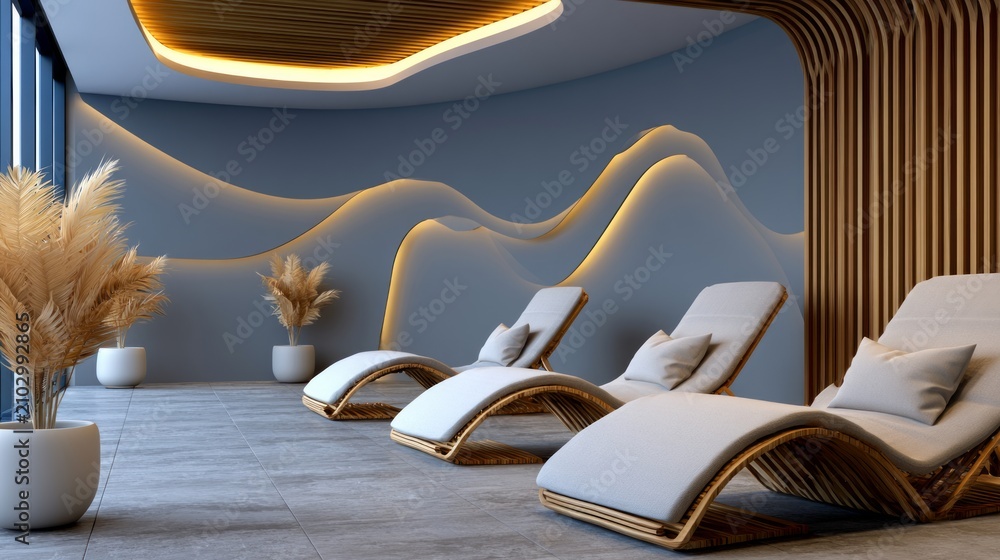 Fototapeta premium Serene Contemporary Wellness Room with Relaxation Loungers and Warm Ambient Lighting