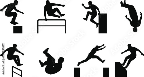 Bild auf Leinwand Parkour and freerunning silhouettes set featuring male athletes jumping vaulting