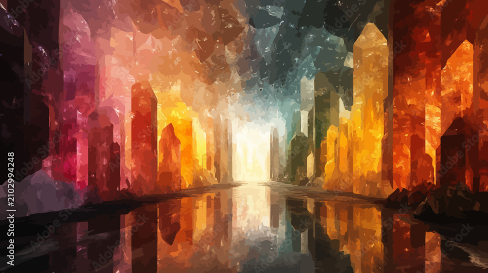 Fototapeta premium Vibrant fantasy cityscape with glowing towers and surreal digital lighting effects