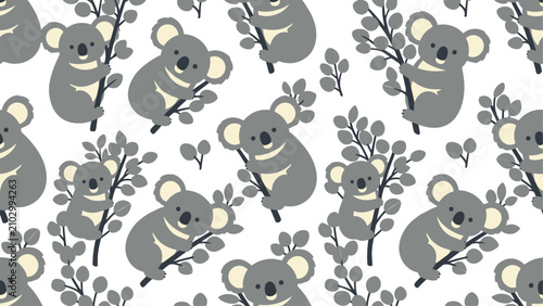 Canvas Print Seamless pattern of cute grey koalas clinging to eucalyptus branches for textiles and decor