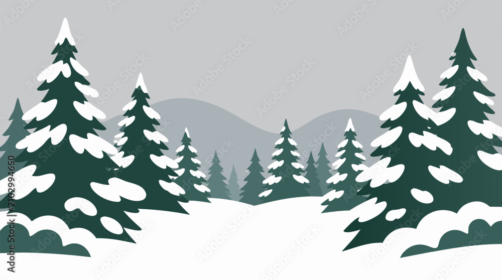 Fototapeta premium Snow covered pine forest vector landscape with layered evergreen trees, rolling white drifts, misty hills and soft gray winter sky, peaceful alpine wilderness background for seasonal design