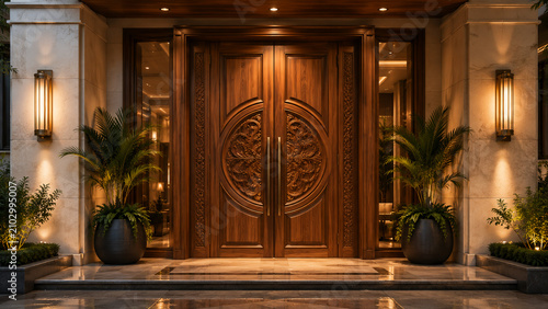 Luxury Hotel Entrance Wooden Door with Elegant Carved Design and Modern Architectural Facade