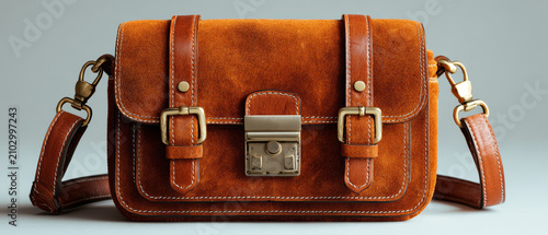 Brown leather satchel bag featuring gold buckles and a metal clasp against a neutral background.