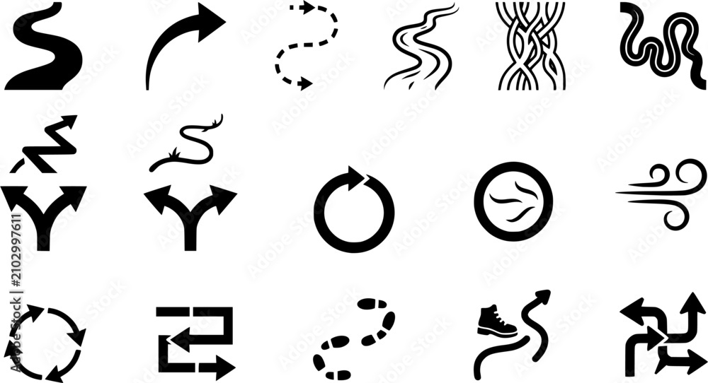 Obraz premium 24 Path, Route and Direction Outline Icons Set with Curved Arrows, Roads, Trails, Wind and Flow Symbols