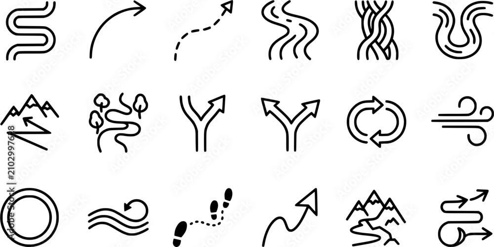 Obraz premium 24 Path, Route and Direction Outline Icons Set with Curved Arrows, Roads, Trails, Wind and Flow Symbols