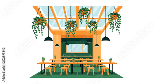 Modern Sustainable Cafe Interior Vector Illustration with Hanging Plants, Wooden Communal Tables, and Natural Skylight Lighting for Eco-Friendly Concept