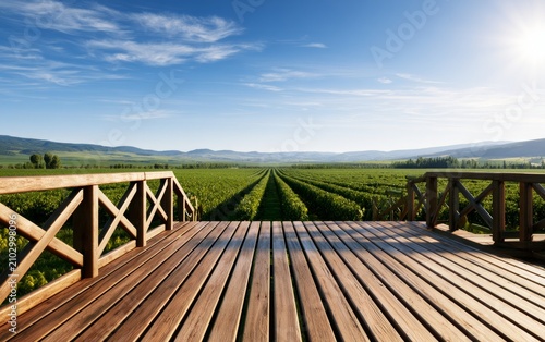 Elevated Wooden Observation Platform Overlooking Vast Green Vineyard Under Clear Blue Sky