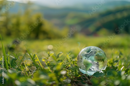 Glass globe rests gently upon a lush green meadow with rolling hills visible in the soft-focus background.