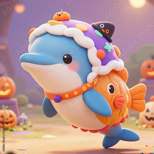 Cute cartoon halloween shark and fish underwater illustration design 
