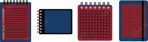 Set of four different notebook styles with spiral binding and grid or lined pages for productivity