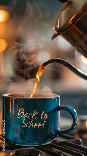 A steaming cup of coffee is poured into a teal mug with 