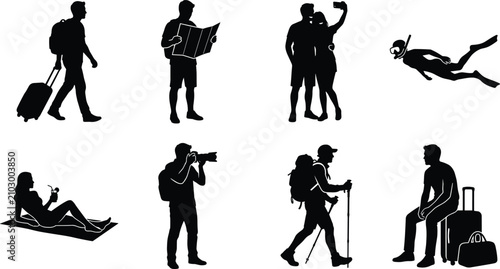 Photos Travel and vacation black silhouettes set featuring tourists with luggage map ca