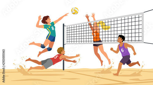 Beach Volleyball Game Action - Diverse Players Competing on Sand Court