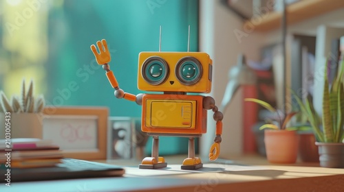 Friendly robot greets from a desk