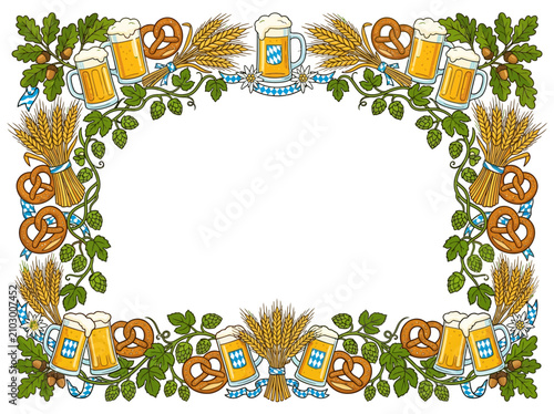 Oktoberfest decorative border frame with beer mugs pretzels wheat ears and hop branches