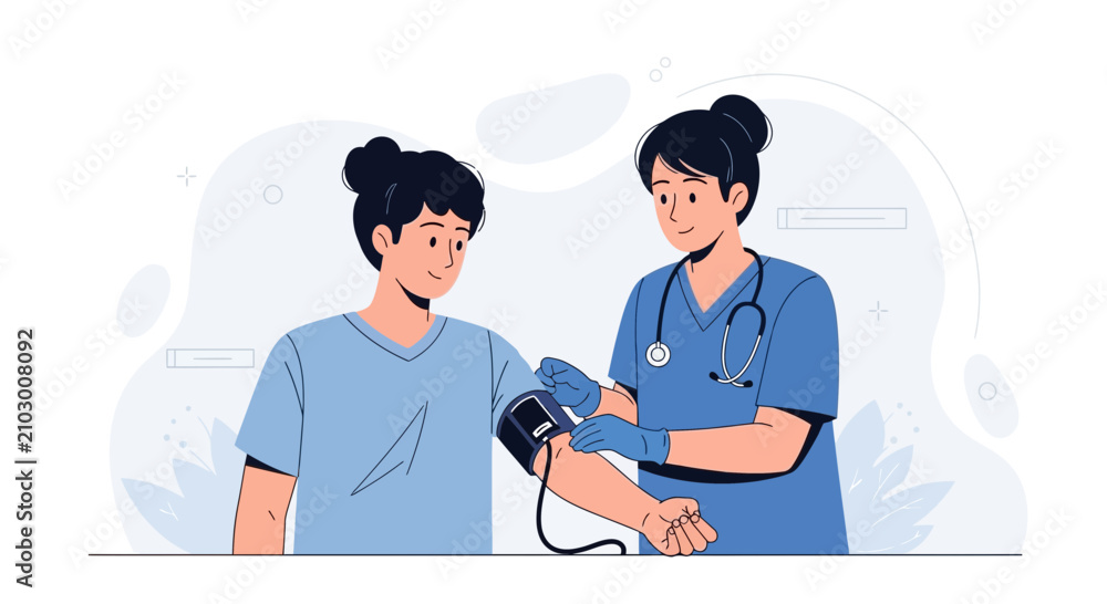 Fototapeta premium Nurse Checks Patient Blood Pressure - Modern Vector Illustration for Healthcare and Medical Concepts
