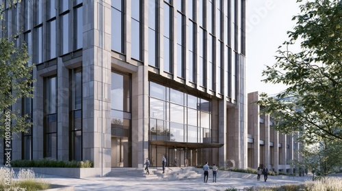 A modern office building with glass windows and a stone facade, featuring a spacious entrance with people walking in and out.