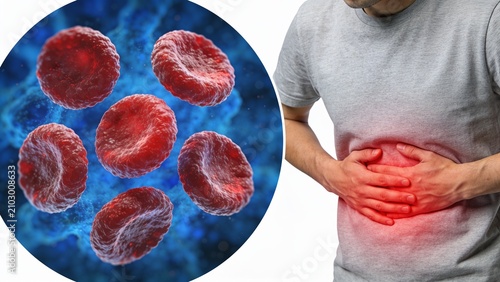 Medical illustration showing red blood cells and stomach pain indicating anemia or digestive health issues