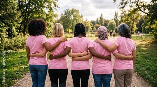 Diverse women arm in arm for breast cancer awareness