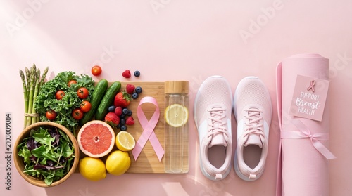 Healthy lifestyle essentials promoting breast cancer awareness with pink accents