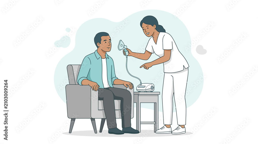 Obraz premium Nurse demonstrating nebulizer treatment to patient in chair, medical care, respiratory health, illustration