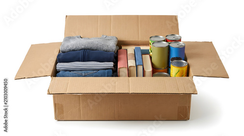 Open moving box with office supplies and tape ready for packing