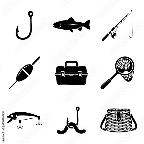 Canvastavla Set of fishing equipment icons including rod hook fish net tackle box and bait i
