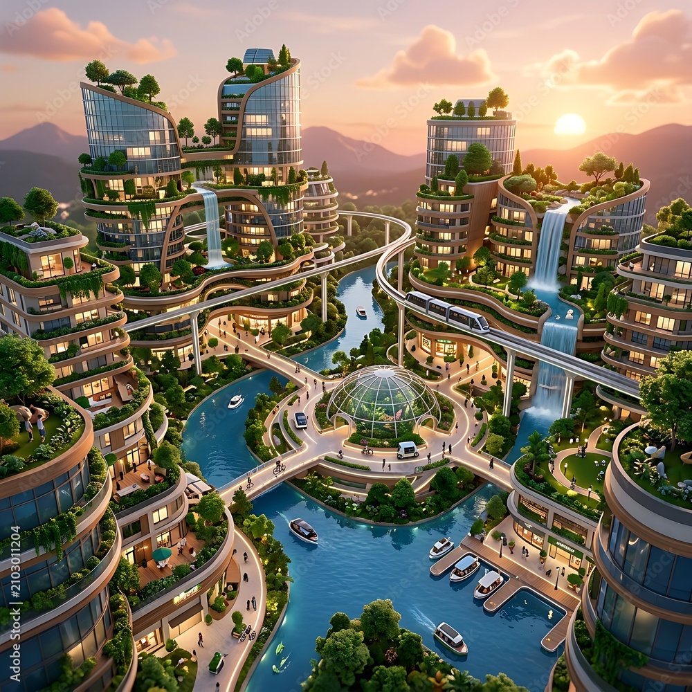 Fototapeta premium Modern futuristic city with green rooftops and water canals