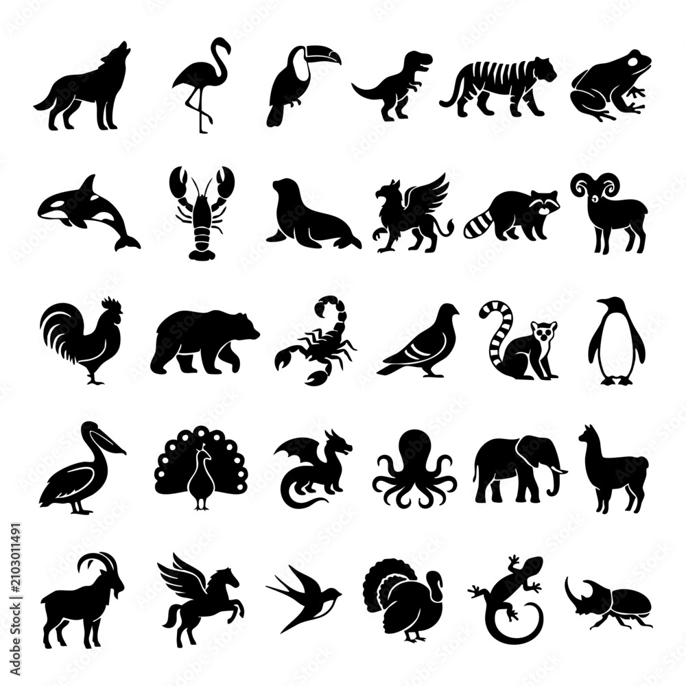 Fototapeta premium Various animal and mythical creature silhouette icon set for creative projects with silhouette wildlife creature mythical collection flamingo dinosaur scorpion elephant