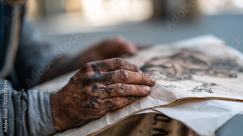Close-up of a caricature artist's charcoal covered fingers clutching a freshly finished satirical portrait, ink smudges on knuckle creases, newsprint paper texture, street artist
