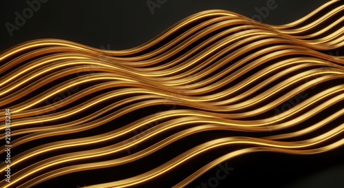 Abstract Golden Wavy Lines on Black Background, Luxury 3D Rendered Metallic Ribbons for Modern Graphic Design