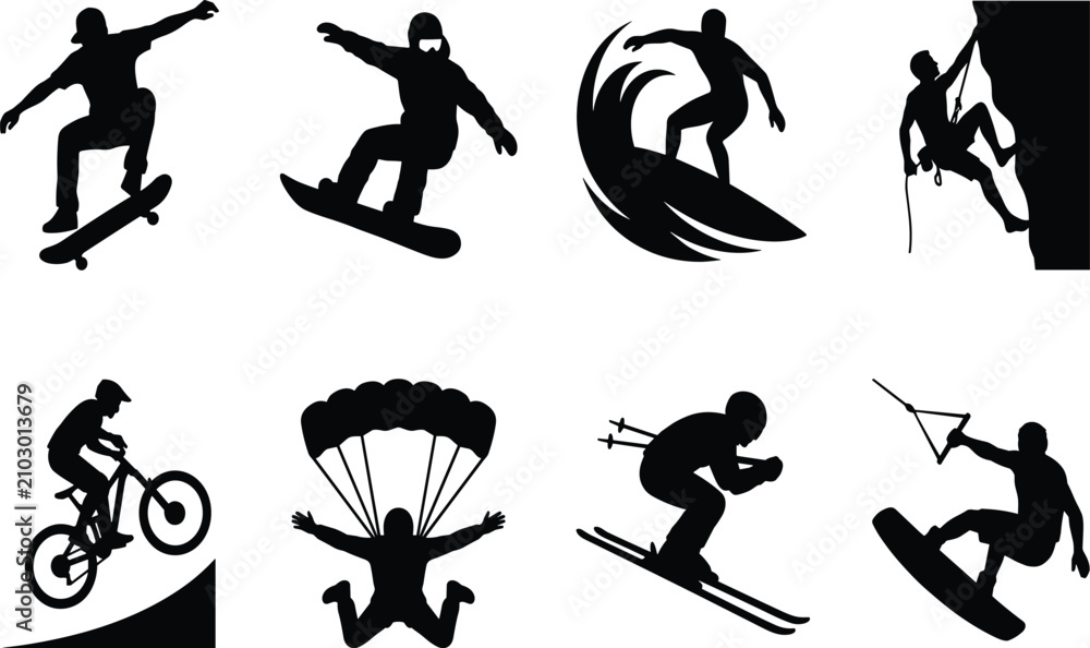 Obraz premium Extreme Sports Silhouette Collection Set with Skateboarding Snowboarding Surfing Rock Climbing BMX Skydiving Skiing and Wakeboarding Vector Illustration